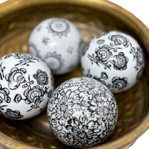 Decorative Ceramic Balls Black Floral Toile 3.35" Set of 4 Orbs